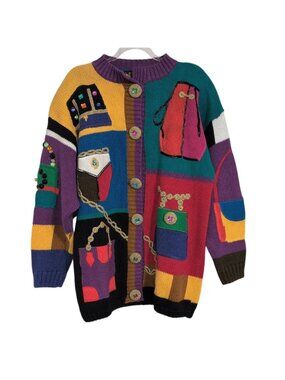 Lisa Nichols 2 Fashionista Cardigan Womens Size Large Colorful Beaded Vintage 90